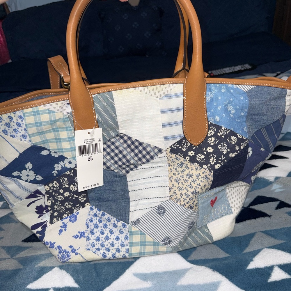 Patchwork Tote Bag with Tan Handles